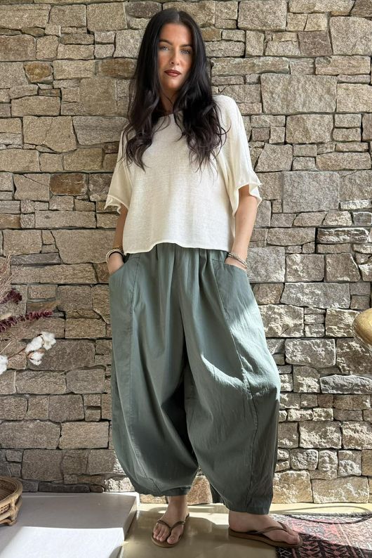 Inga Stretch Poplin Cotton Barrel Pant Khaki